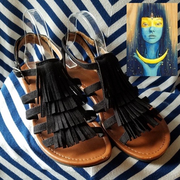 Cityclassified Shoes - Fringed Gypsy Boho Vegan Gladiator Sandals Black 9